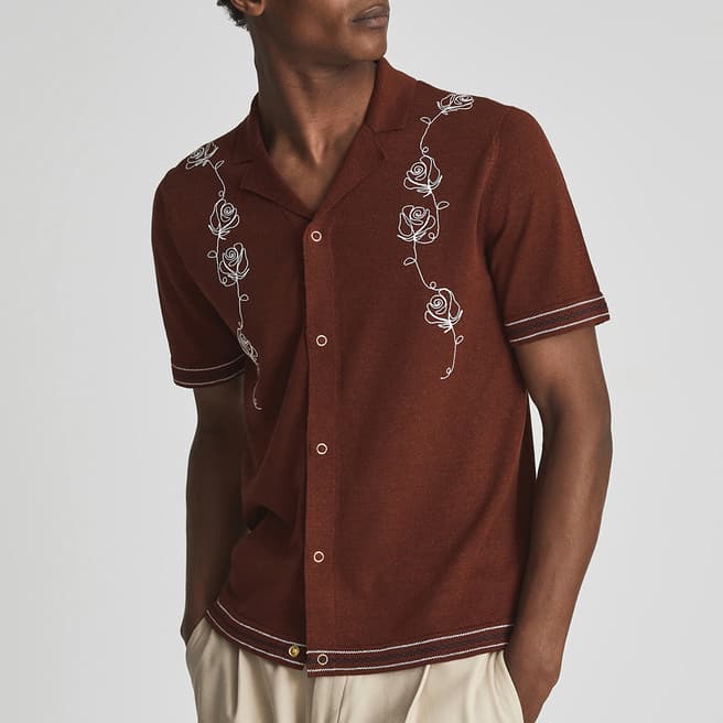 Reiss Rust Sampson Embroidered Linen Shirt