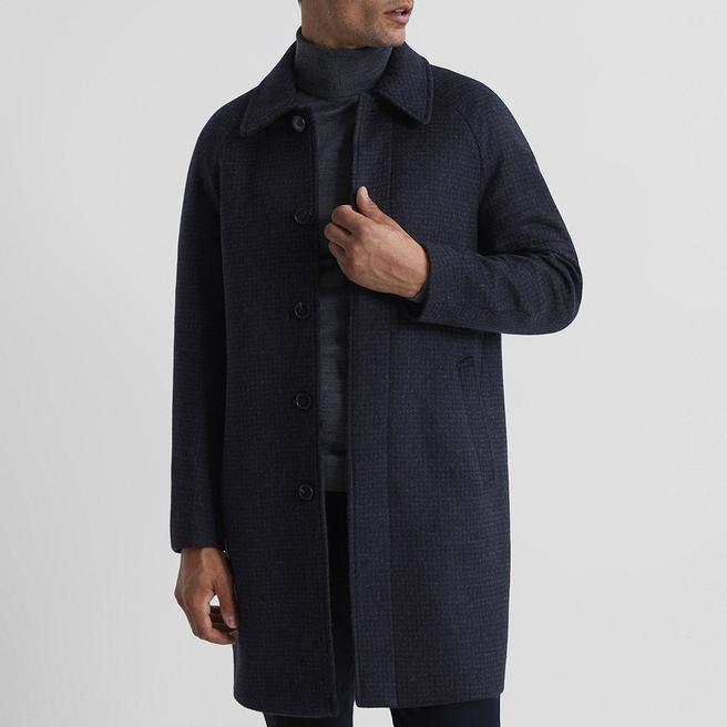 Reiss Navy Cast Dogtooth Wool Coat