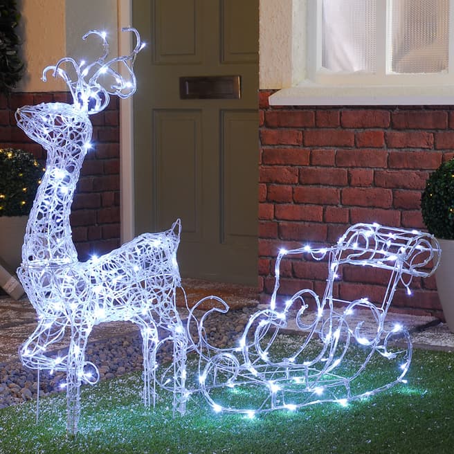 Festive White Soft Acrylic Reindeer And Sleigh, 90cm