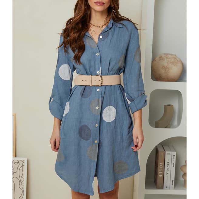 Rodier Blue Printed Button Through Linen Mini Dress