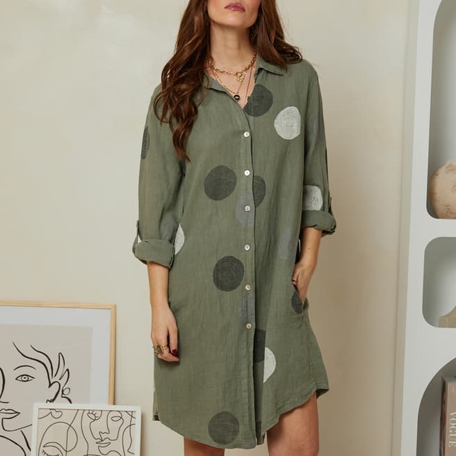 Rodier Khaki Printed Button Through Linen Mini Dress