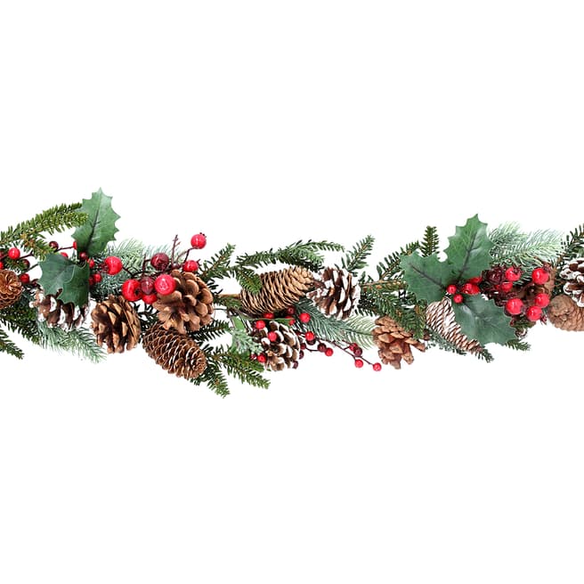 Gisela Graham Fir Garland with Snowy Cones/Red Berries, 190cm
