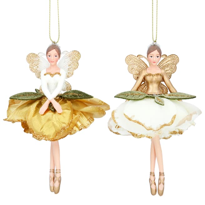 Gisela Graham Set of 4 Resin/Fabric Petal Fairy Decorations, Cream/Gold 