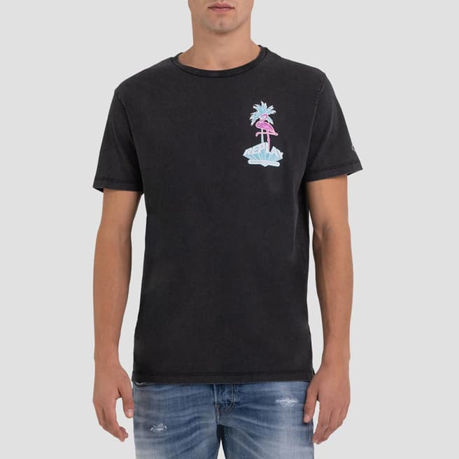 Replay Black Flamingo Print Cotton T-Shirt