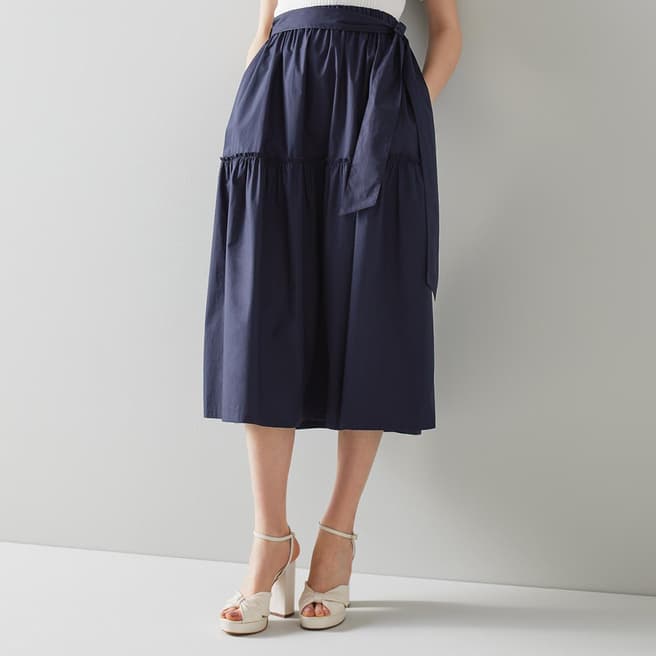 L K Bennett Navy Rego Cotton Midi Skirt