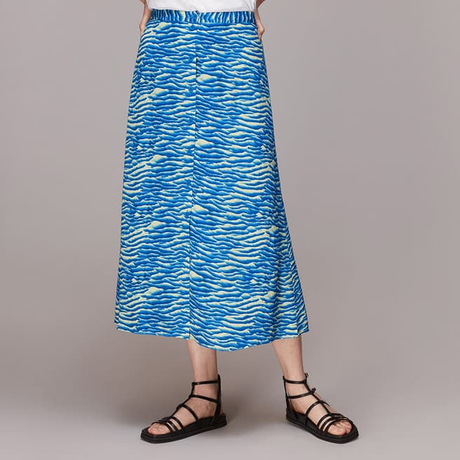 WHISTLES Blue Printed Button Front Mid Skirt