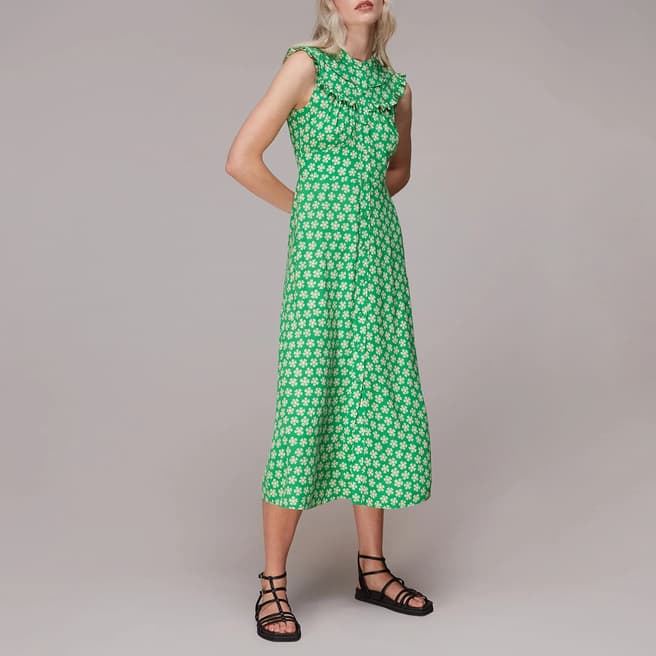 WHISTLES Green Daisy Floral Print Midi Dress