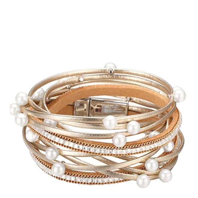 Chloe Collection by Liv Oliver 18K Gold Multi Pearl And Leather Bracelet