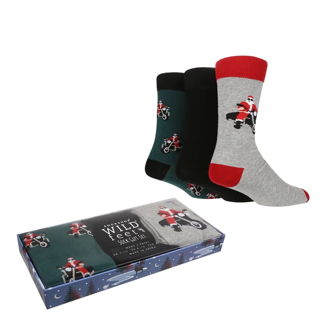 Wild Feet Multi 3 Pack Pringle Biker Santa Gift Box Socks
