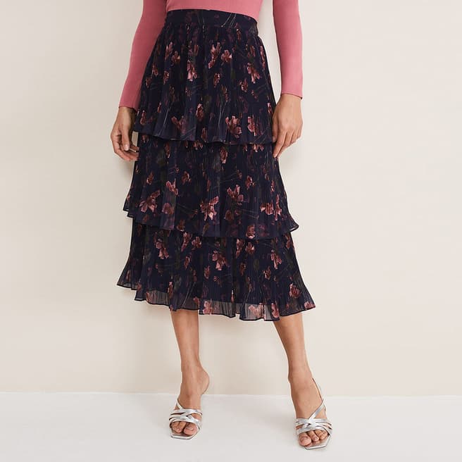 Phase Eight Navy Selena Floral Tiered Midi Skirt