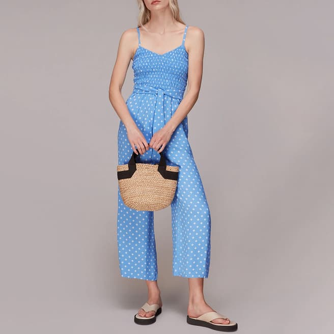 WHISTLES Blue Printed Shirred Jumpsuit