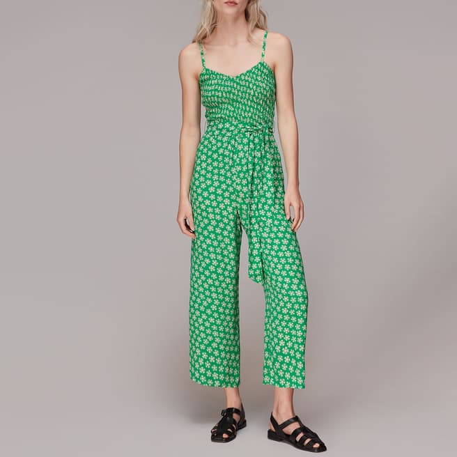 WHISTLES Green Floral Print Belted Jumpsuit