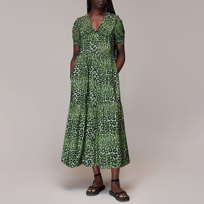 WHISTLES Green Animal Print Midi Dress