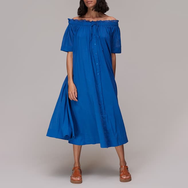 WHISTLES Blue Bardot Trapeze Cotton Midi Dress