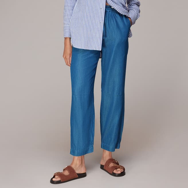WHISTLES Blue Lucy Chambray Cotton Trousers