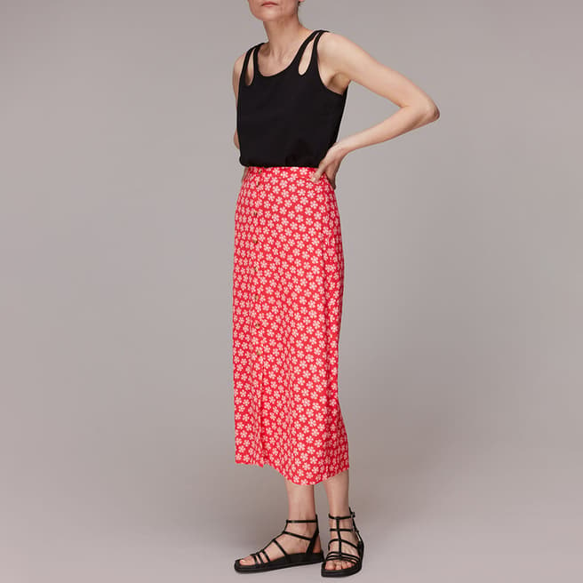 WHISTLES Red Daisy Check Button Front Skirt