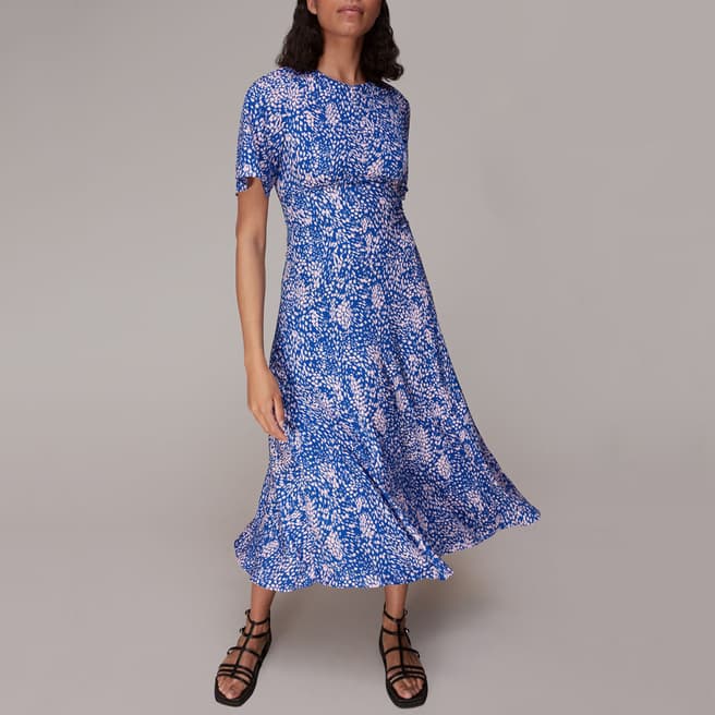 WHISTLES Blue Lively Animal Print Midi Dress