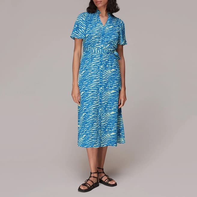 WHISTLES Blue Animal Print Midi Dress