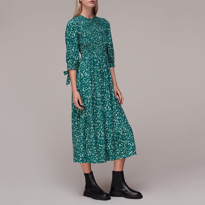WHISTLES Green Sahara Printed Midi Dress