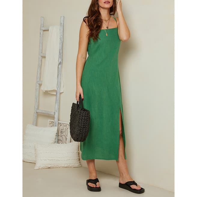 Rodier Green Split Hem Linen Midi Dress
