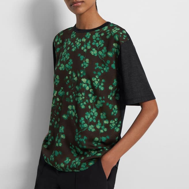 Theory Green Floral Print Silk T-Shirt