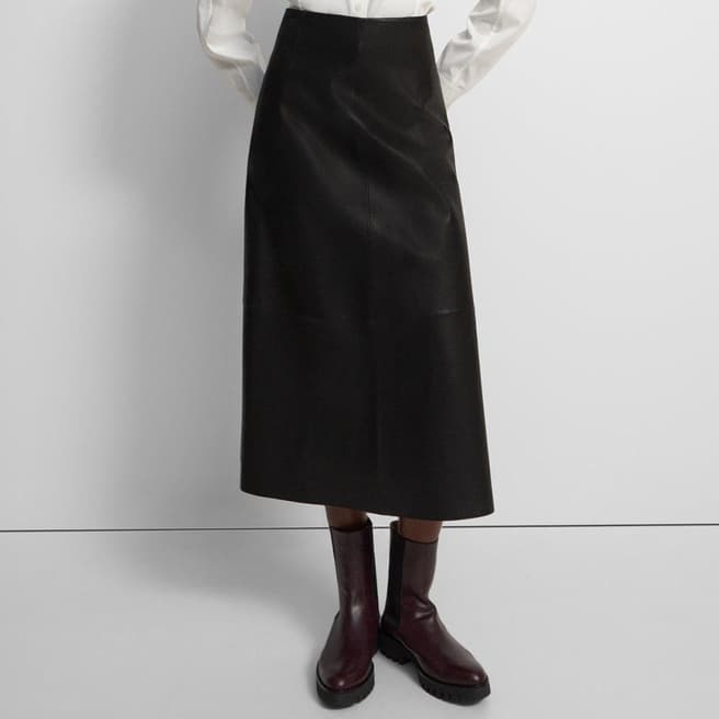 Theory Black A-Line Leather Midi Skirt
