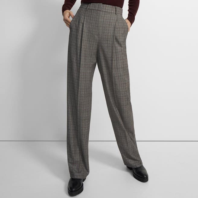 Theory Grey Pleated Check Wool Trousers
