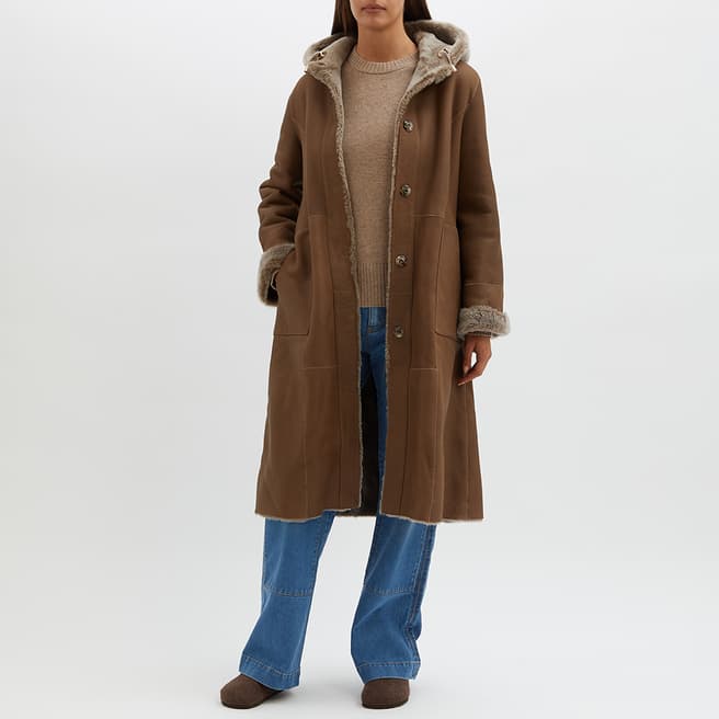N°· Eleven Butterscotch Shearling Longline Hooded Coat
