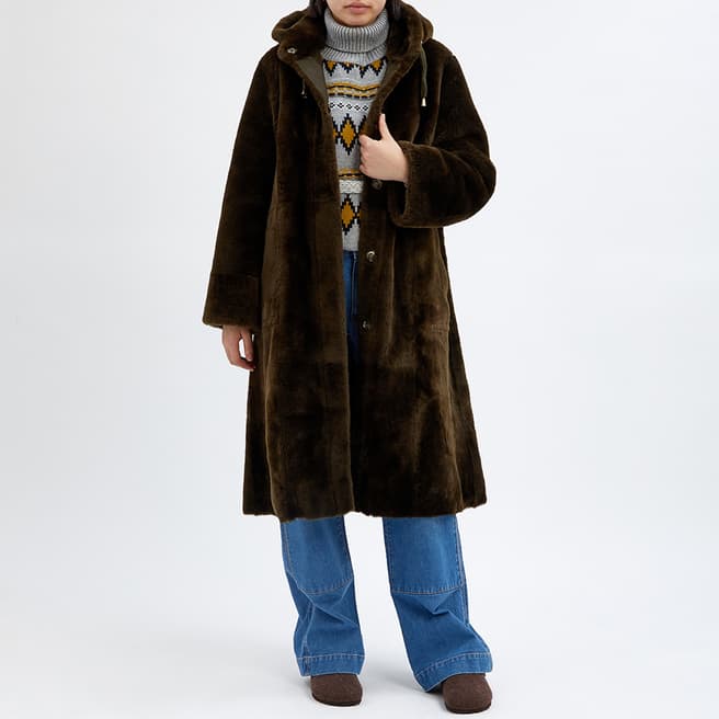 N°· Eleven Khaki Shearling Longline Hooded Coat