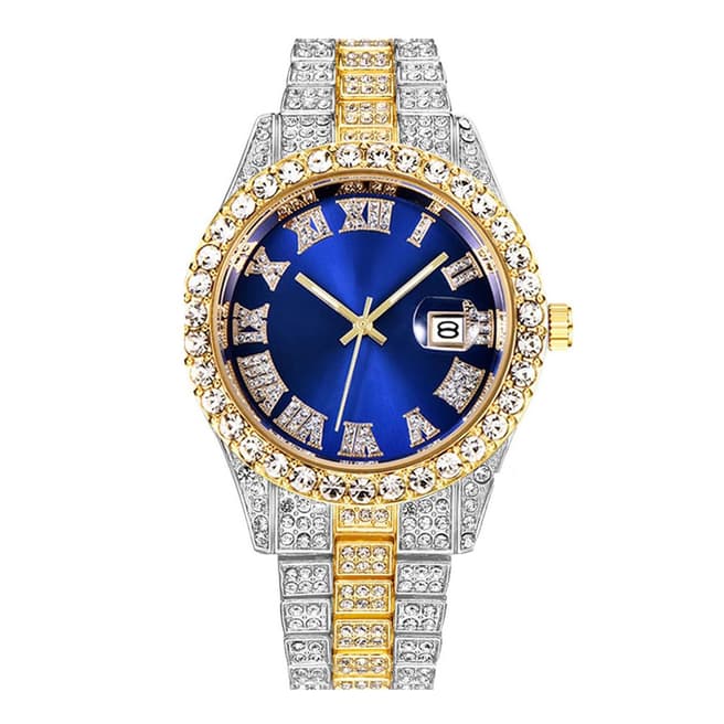 Stephen Oliver 18K Gold & Silver Embellished Blue Dial Watch