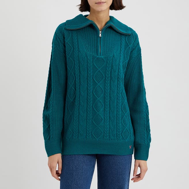Crew Clothing Green Half Zip Cable Knit Jumper