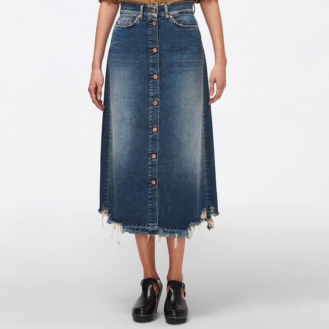 7 For All Mankind Washed Blue Nora Denim Midi Skirt