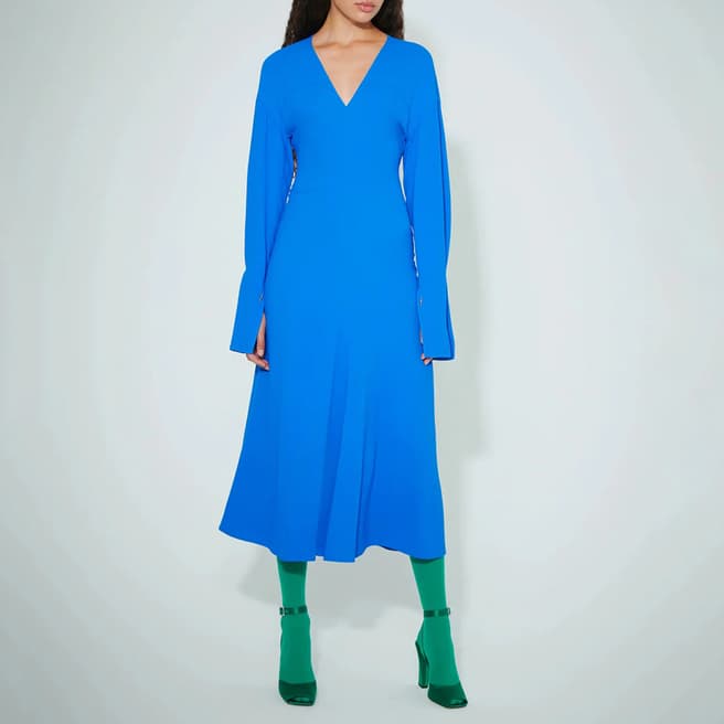 Victoria Beckham Bright Blue V-Neck Flared Midi Dress