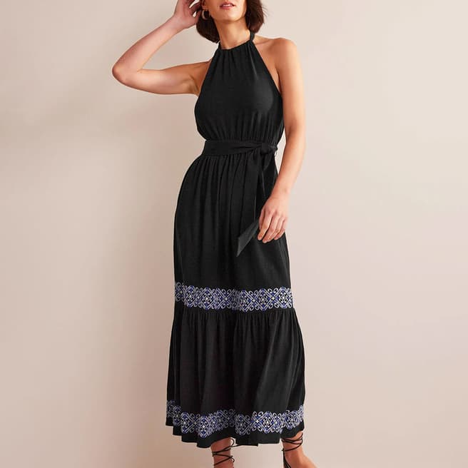 Boden Black Embroidered Jersey Maxi Dress