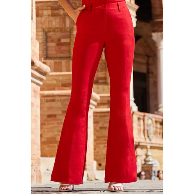 SOSANDAR Red Linen Kick Flare Trousers With Pockets