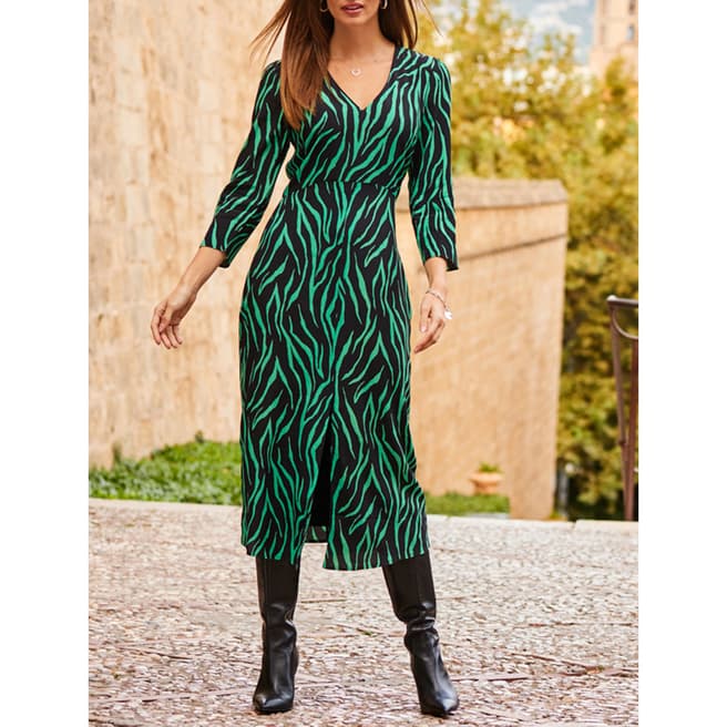 SOSANDAR Black & Green Animal Print Midi Dress