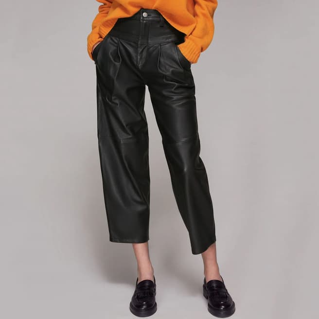 WHISTLES Black India Pleated Leather Trousers