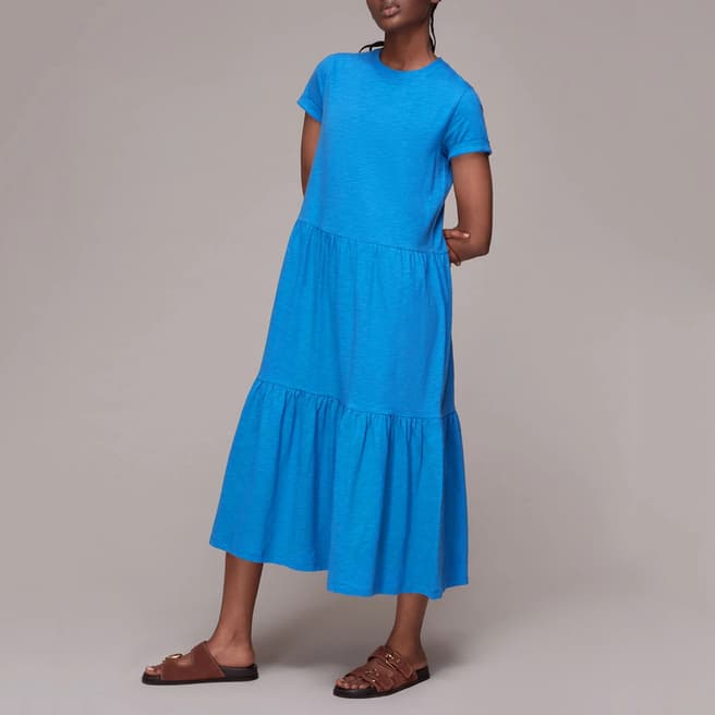 WHISTLES Blue Tiered Jersey Cotton Midi Dress