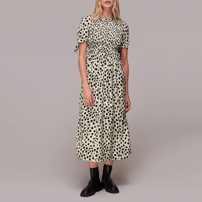 WHISTLES Cream Animal Print Shirred Midi Dress