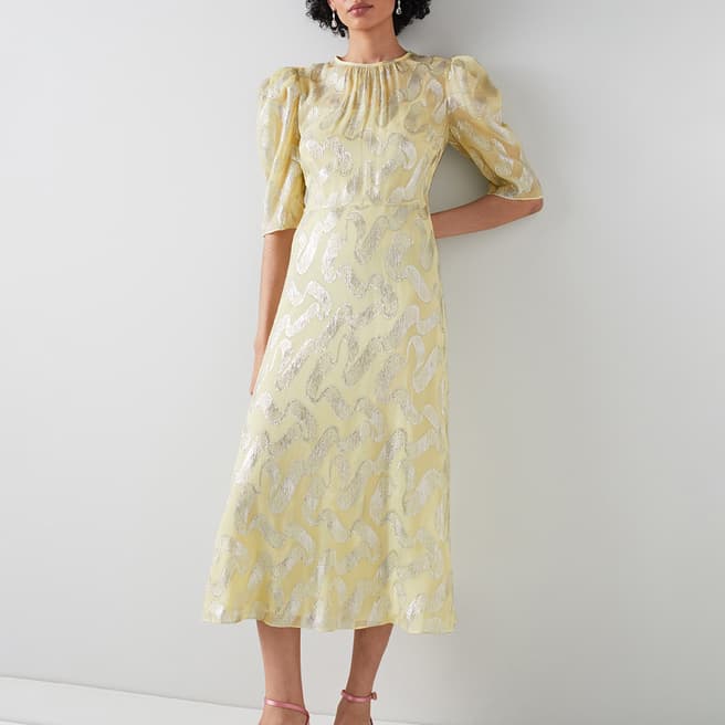 L K Bennett Yellow/Silver Glinda Pattern Silk Dress