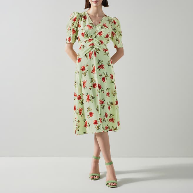 L K Bennett Green/Multi Gabbi Silk Midi Dress