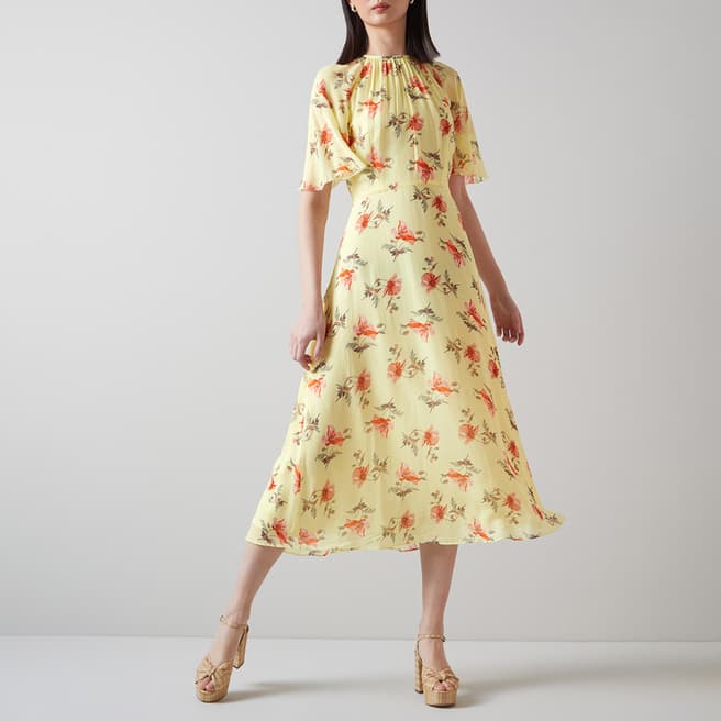 L K Bennett Yellow Elowen Floral Midi Dress