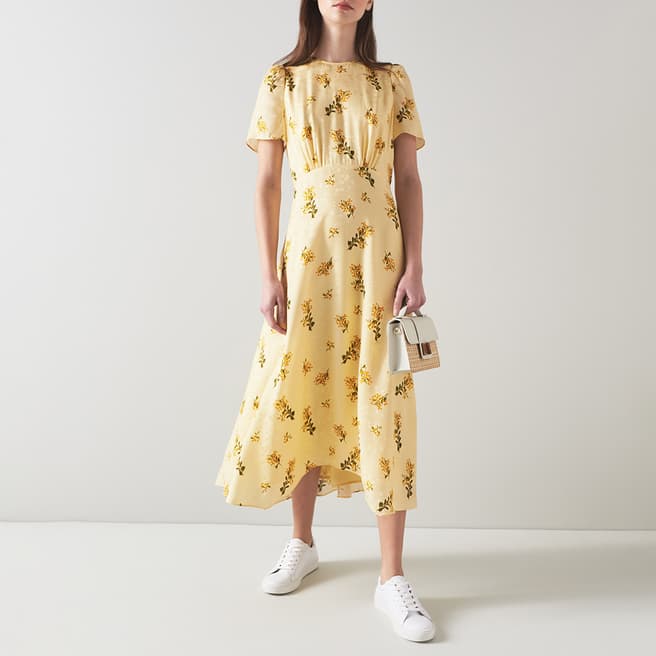 L K Bennett Yellow Boyd Printed Silk Midi Dress