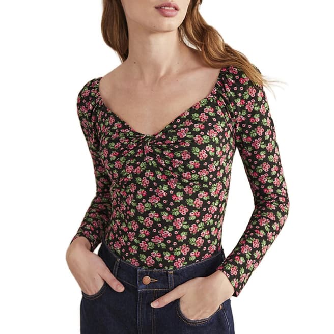 Boden Black Printed Sweetheart Jersey Top