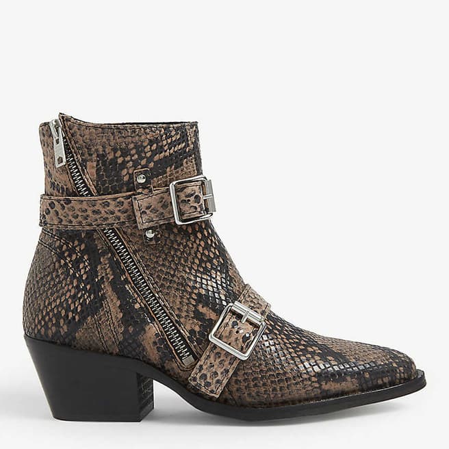 AllSaints Taupe Snake Lior Heeled Ankle Boots