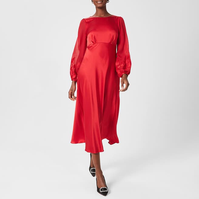 Hobbs London Red Lenora Silk Midi Silk Dress