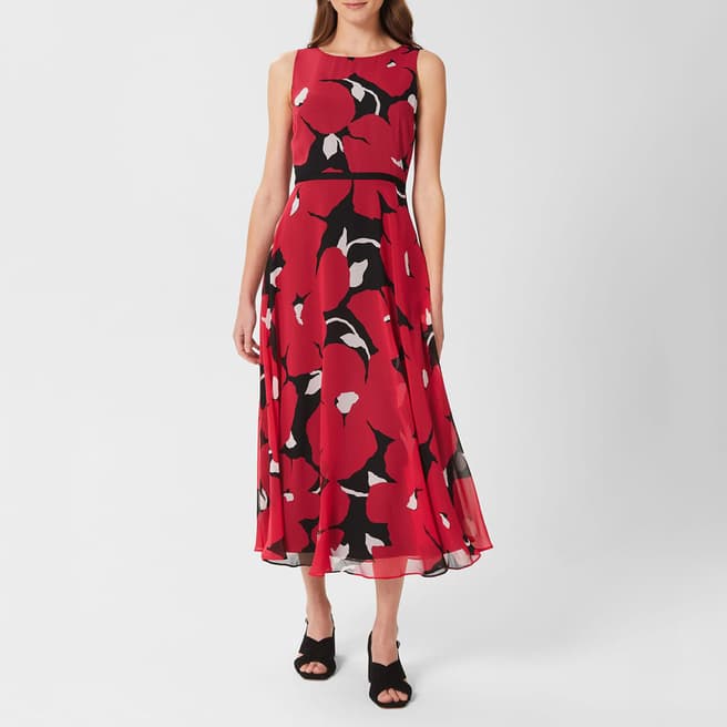 Hobbs London Red/Black Pattern Carly Midi Dress