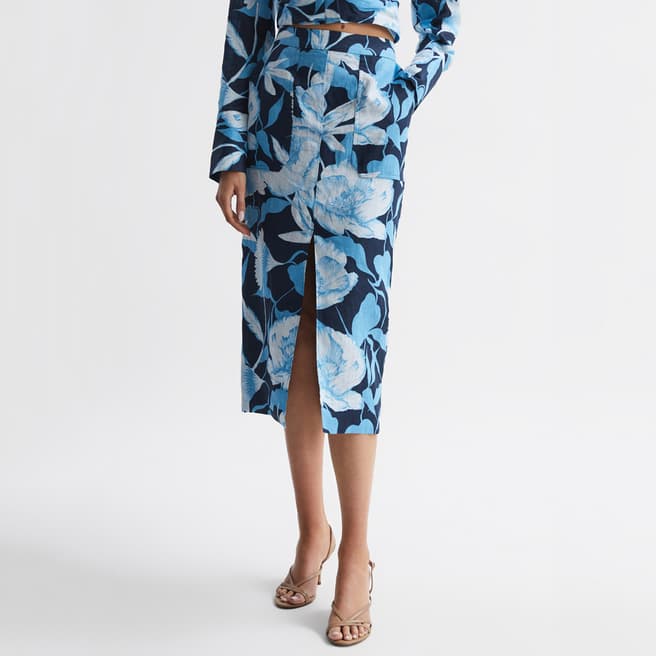 Reiss Navy/Blue Jackson Print Slit Midi Skirt