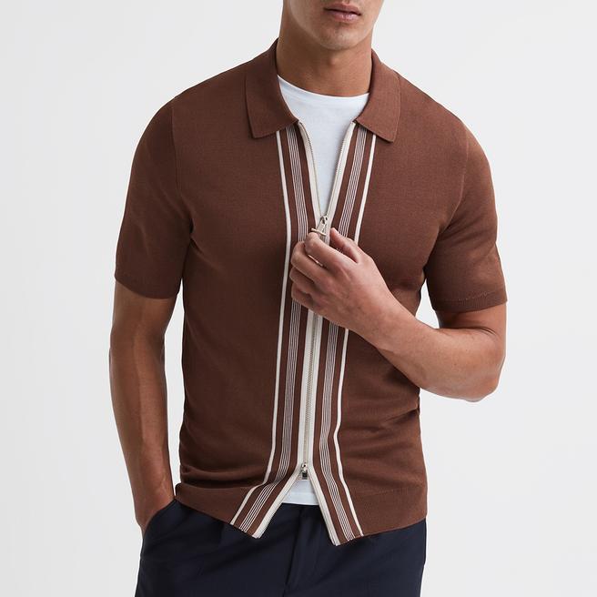 Reiss Brown Castleton Zip Cotton Blend Shirt