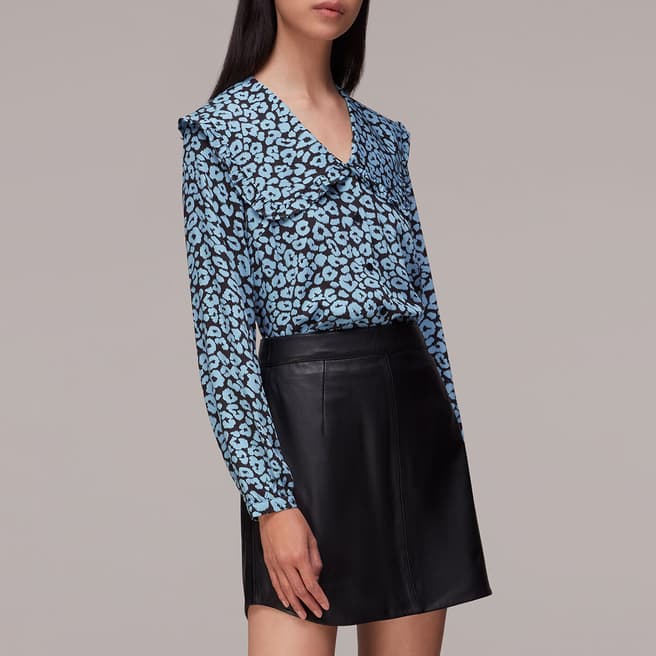 WHISTLES Blue Fuzzy Leopard Collar Top